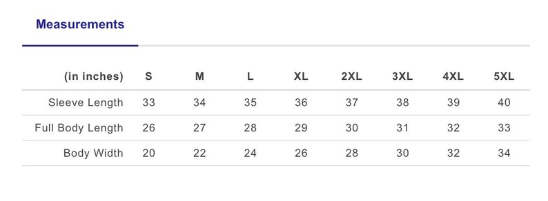 May include: Size chart showing measurements in inches for a shirt in sizes S through 5XL. Measurements include sleeve length, full body length, and body width.