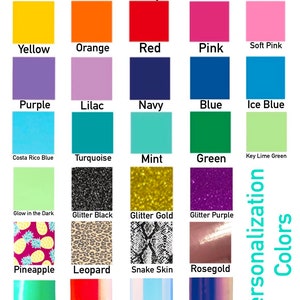 May include: A chart of 24 different color and pattern options for personalization. The options include solid colors like white, black, grey, silver, gold, yellow, orange, red, pink, soft pink, purple, lilac, navy, blue, ice blue, turquoise, mint, green, and key lime green. There are also glitter options like glitter black, glitter gold, and glitter purple. Other options include glow in the dark, pineapple, leopard, snake skin, rose gold, holographic green, holographic pink, holographic opal, and holographic blue.