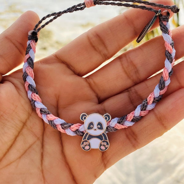 Panda Charm Bracelet: Braided Waxed Cord, Adjustable Fit