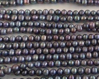 Peacock Almost Round Pearls , 4x5mm 15.5 Strand, Iridescent Black Pearl Beads for Jewelry Making