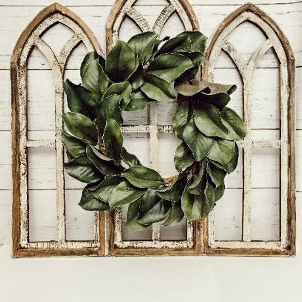 Cathedral Style Farmhouse Windows with Wreath add-on option, Magnolia Wreaths, Faux Florals,