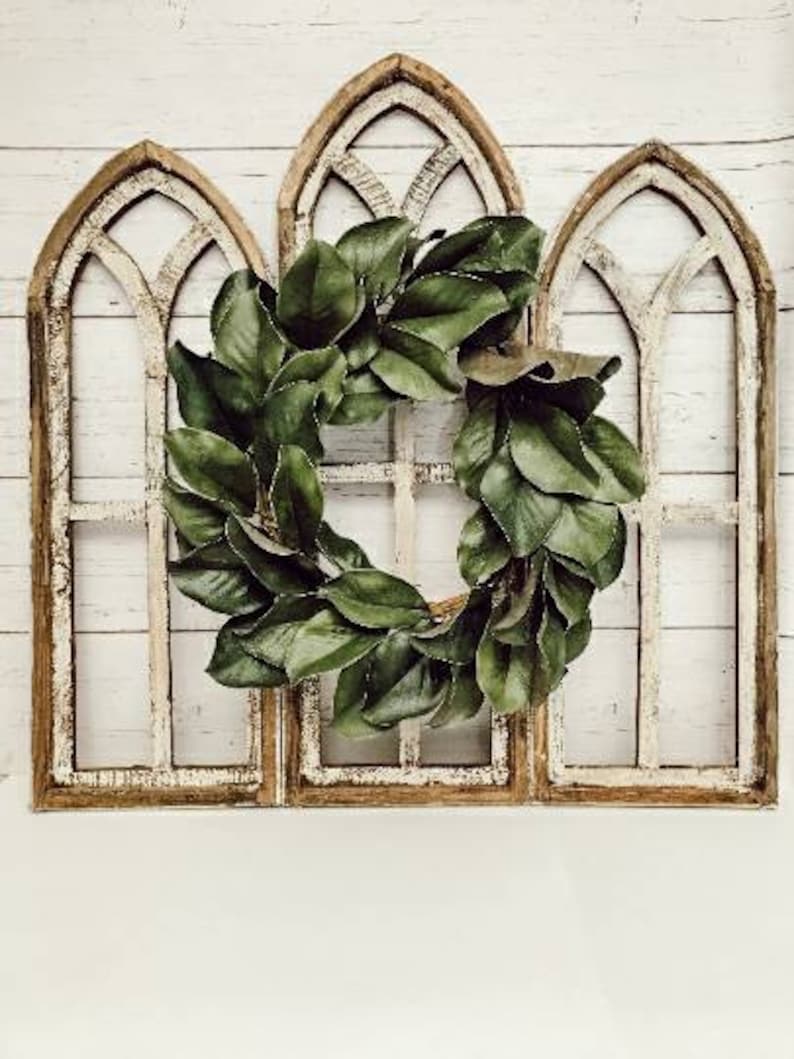 Cathedral Style Farmhouse Windows with Wreath add-on option, Magnolia Wreaths, Faux Florals, image 1