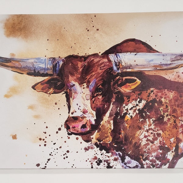 Long Horn Steer Spotted Cow Picture on Canvas