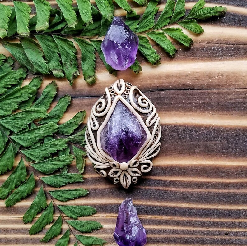 Amethyst quartz point polymer clay pendant / handmade /crystal Etsy