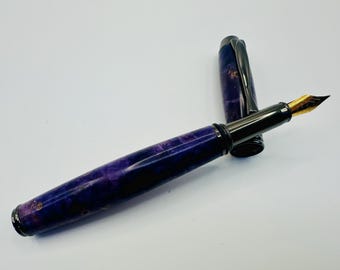 Executive Fountain Pen in Gunmetal Made from Purple-Dyed Buckeye Burl Wood