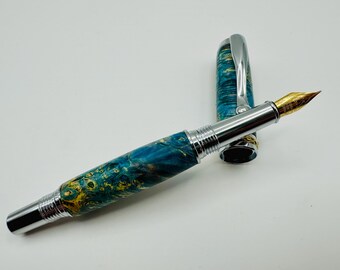Elegant Fountain Pen with Gold/Chrome Accents Made from Dyed Box Elder Wood