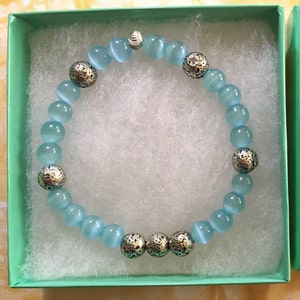 Gemstone Sterling Blue Jade And Silver Lava Bead Bracelet Bohemian Boho Aromatherapy Bohemian Great Gift Unisex 8 inch Length