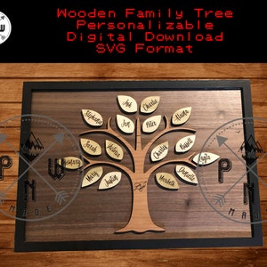 Árbol genealógico de madera SVG cortado con láser: Letrero con nombre personalizado (diseño digital)