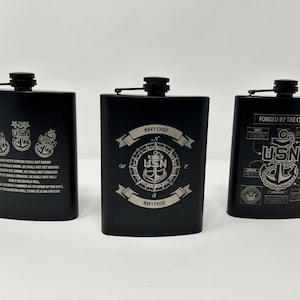 US Navy Chief CPO black hip flask, chief pinning, chief selection gift, laser engraved gift, chief season, senior chief, master chief