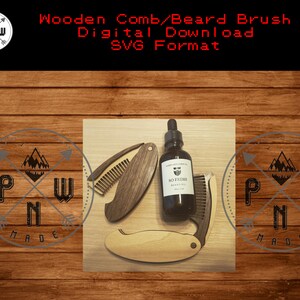 Puede incluir: Un juego de peine y cepillo para barba de madera con una botella de aceite para barba. El peine y el cepillo son ambos plegables y tienen un acabado de madera. La botella de aceite para barba está etiquetada como "So Fresh Beard Oil".