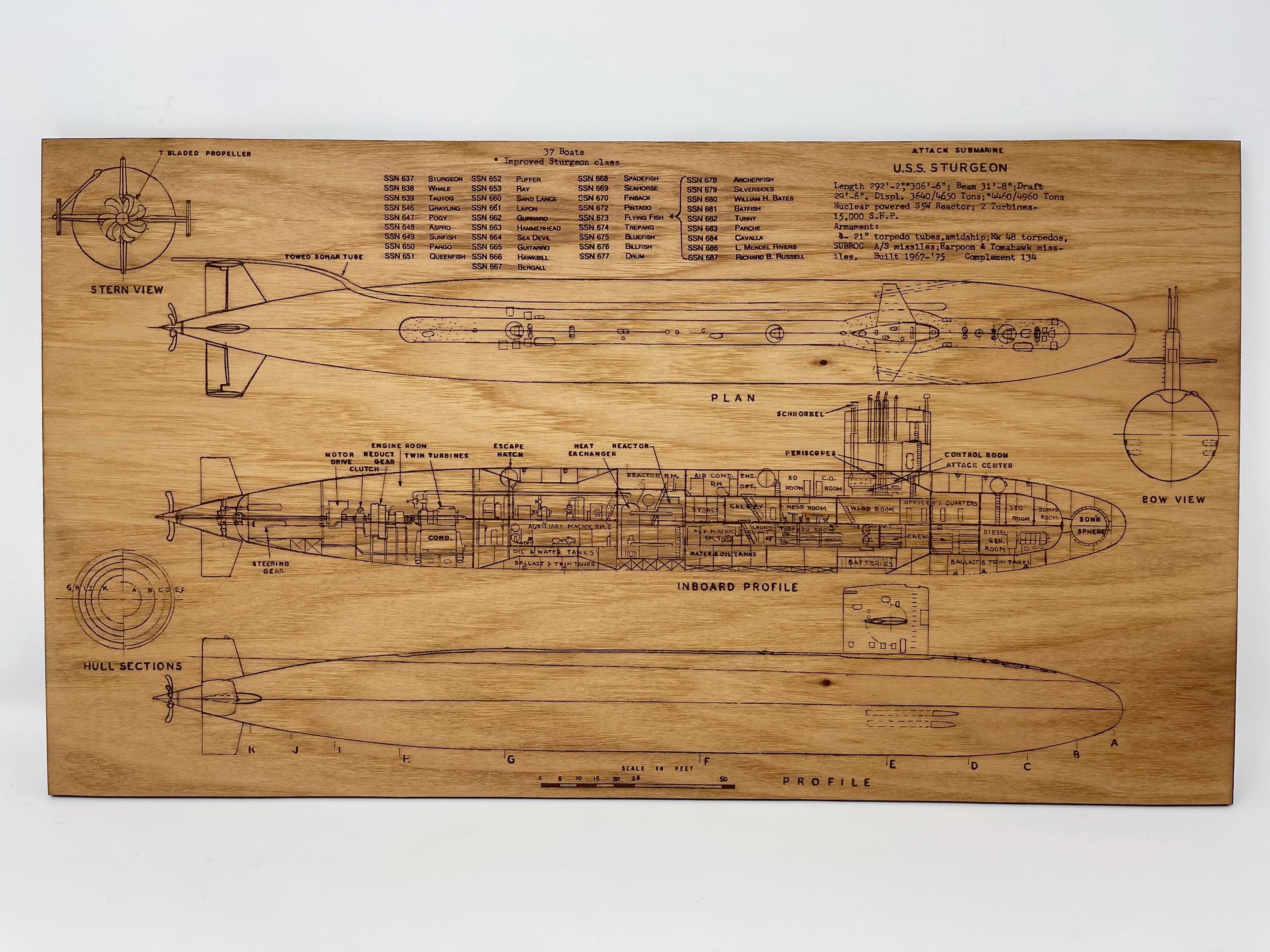 Laser Engraved USS Sturgeon 637 class submarine blueprint