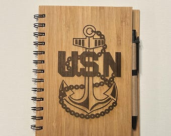US Navy Chief Bamboo Notebook with Pen: CPO Gift
