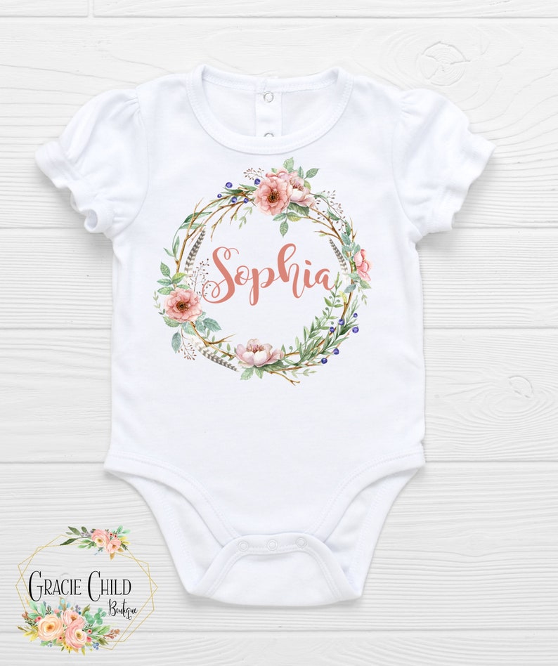 Girls Baby BodysuitPersonalized Baby GiftFloral Wreath GCB-48