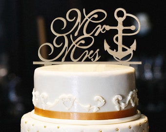 Mr. and Mrs. with Anchor Wedding Cake Topper, Wedding Cake Topper, Engagement Cake Topper, Anchor Cake Topper, Nautical Cake Topper