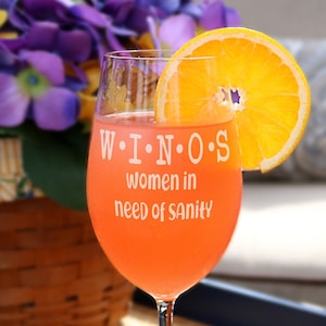 W.I.N.O.S. Women In Need Of Sanity Wine Glasses, Funny Wine Glass, Funny Gift, Gift for Couple, Wine Snob Glass, Coworker  - F