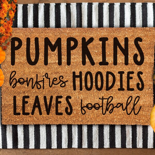 Pumpkins Bonfires Hoodies Leaves Football Door Mat, Autumn Themed Welcome Doormat, Autumn Door Mats, Fall Themed Doormat, Fall Decoration