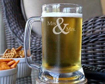 Mrs. & Mrs. Beer Mug, Calisto Font, Couple Beer Mug, Gifts for Couple, Wedding Beer Mugs, Engraved Beer Glass - C