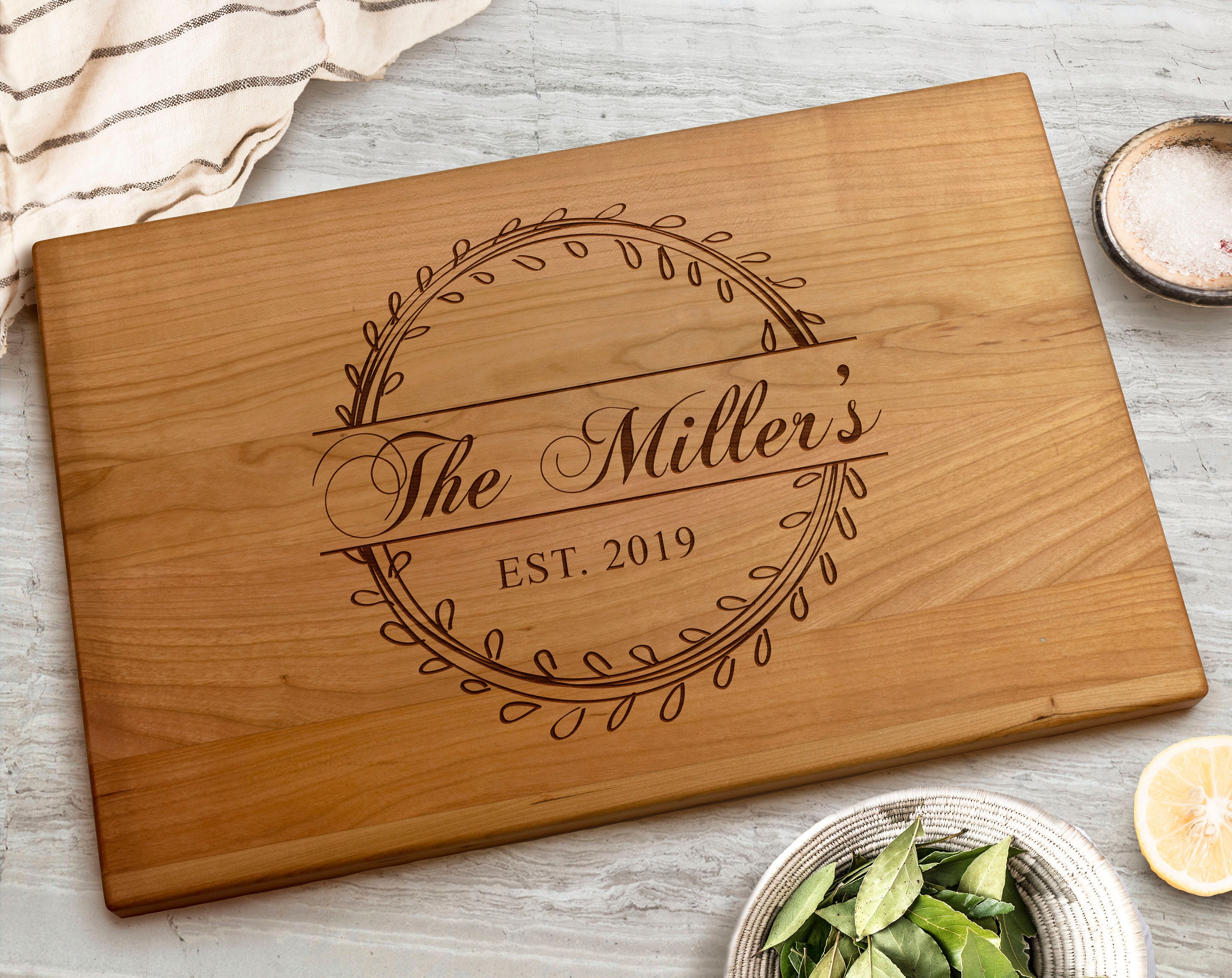 Personalized Laurel Wreath Cutting Board Walnut Maple Etsy