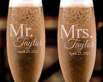 Set of 2, Personalized Mr. And Mrs. Wedding Toasting Flutes, Wedding Glasses, Personalized Champagne Glasses, Engraved Wedding Flutes - A