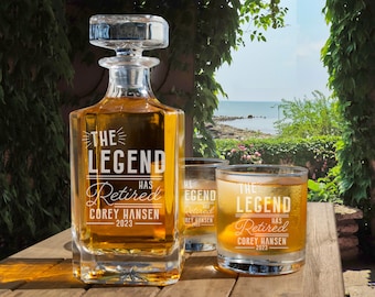 The Legend Has Retired Whiskey Decanter Set With Glasses / Happy Retirement Gift / Gift For Retirement / Retirement Gift / Retirement Ideas
