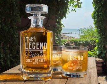 The Legend Has Retired Whiskey Decanter Set With Glasses / Happy Retirement Gift / Gift For Retirement / Retirement Gift / Retirement Ideas