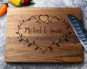 Couple's Names in Heart Custom Cutting Board - Walnut - Maple - Cherry Wood - Engraved Cutting Board - Personalized Wedding Gift