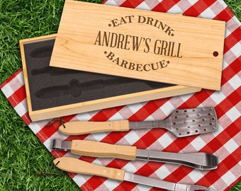 3 Piece Stainless Steel BBQ Utensil Set With Personalised Carry Bag Stamp Design 