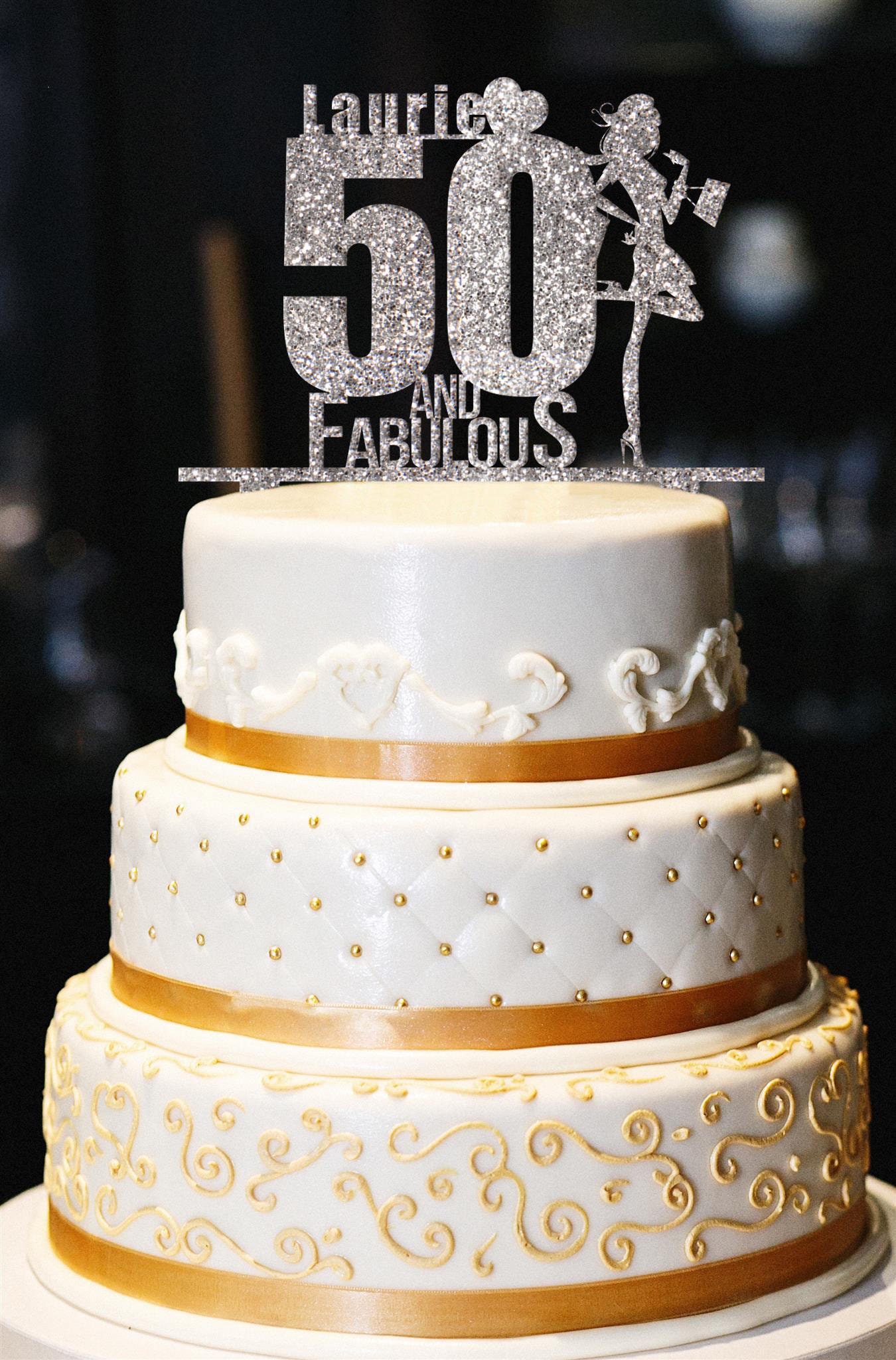 Custom 50 and Fabulous Cake  Topper  Glitter Birthday  Cake  