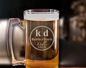 Personalized Monogram Wedding Beer Mug, Custom Beer Mug, Couple Beer Mug, Gifts for Couple, Wedding Beer Mugs, Engraved Beer Glass - C