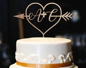 Custom Initials Wedding Cake Topper - Personalized Cake Topper Initials - Heart And Arrow - Wedding Cake Decoration - Wood Cake Topper