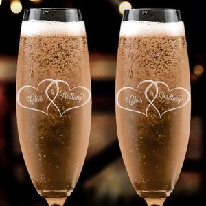 Set of 2, Names in Hearts Toasting Flutes, Personalized Wedding Glasses, Anniversary Glasses, Engagement Glasses - Champagne Flutes - A