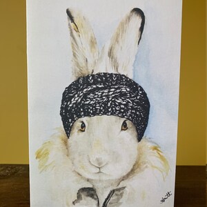 Bandeau en tricot lapin des neiges - carte de voeux toutes occasions, impression aquarelle, blanc à l'intérieur