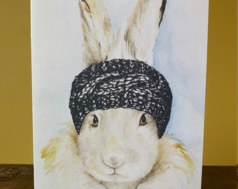 Grußkarte Schneehasen-Stirnband für alle Gelegenheiten, Aquarelldruck, leere Innenseite