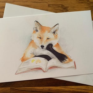 Reading Red Fox - All Occasion Greeting Card, watercolour print, blank inside