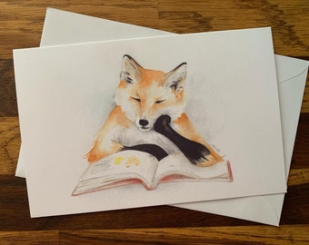 Rotfuchs lesend - für alle Anlässe Grußkarte, Aquarell Druck, innen blanko