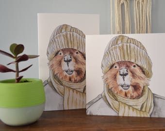 Beaver Steve, Canadian Toque Serie, Blanko Karte, Druck von original Aquarell und Tusche auf Papier, Kunst, Winter, Ostküste