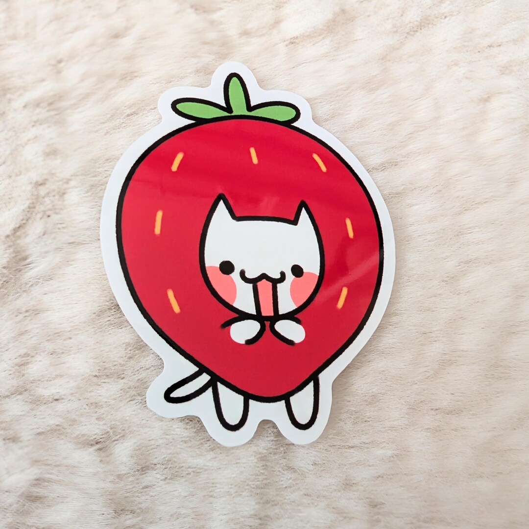 Strawberry Cat Vinyl Sticker - Etsy