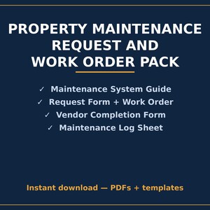 Può includere: Un set di documenti blu scuro intitolato PROPERTY MAINTENANCE REQUEST AND WORK ORDER PACK, contenente una guida al sistema di manutenzione, modulo di richiesta, ordine di lavoro, modulo di completamento fornitore e registro.