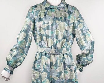 Vintage 70s Silky Metallic Belted Hostess Dress Maxi Dress Floral & Leaf Watercolor Pattern Blue Green M