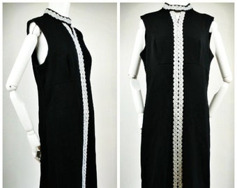 Vintage 70s Black Cocktail Gown Hostess Maxi Dress Asymetric Silver Cord Trim High Slit, Vintage 14 Modern M