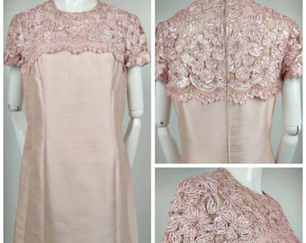 Vintage 60s Pink Silk Shimmer Sheath Party Dress 3D Lace Silver Metallic Trim M