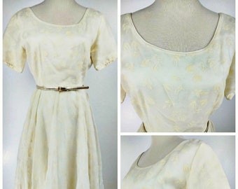 Vintage 50s Ivory Organza Floral Flock Party Dress or Cocktail Dress or Garden Wedding Dress Tea Length Full Skirt S