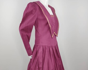 Vintage NWT 1980s Sailor Dress Plum Cord Gold Trim Drop Waist Kawaii Preppy 6