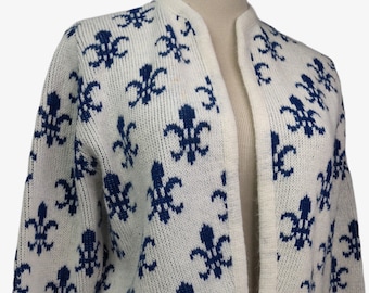Vintage 1960s MOD Crop Cardigan Sweater Bolero Fluer de Lis Blue on White Heavy Knit M