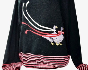 Vintage 1960s Duck Sweater Thin Knit Ducks w Ribbons Red White Stripes Cyn Les Shirlee Designs 46
