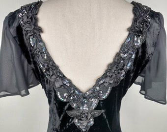 Vintage 1990s Low Back Art Deco Crushed Velvet Velour Gown Maxi Dress Sequin and Satin Flower Trim Sheer Flutter Sleeves Downton Abbey 4