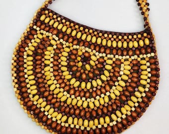 Vintage 1990er Jahre Mode Express Perlen Geldbörse Handtasche zwei Ton Holz gefüttert Retro 70er Jahre BOHO Hippie