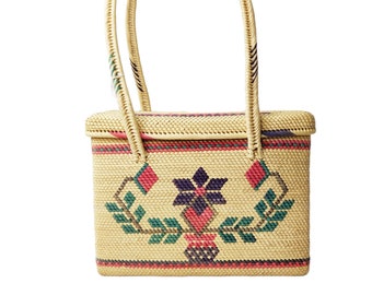 Vintage 1970er Jahre 80er Jahre Floral Stroh gewebt Markt Tasche w / Deckel Geldbörse Handtasche geometrische enge Weben Pastell