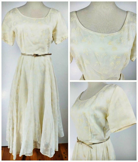 Vintage 50s Ivory Organza Floral Flock Party Dres… - image 1