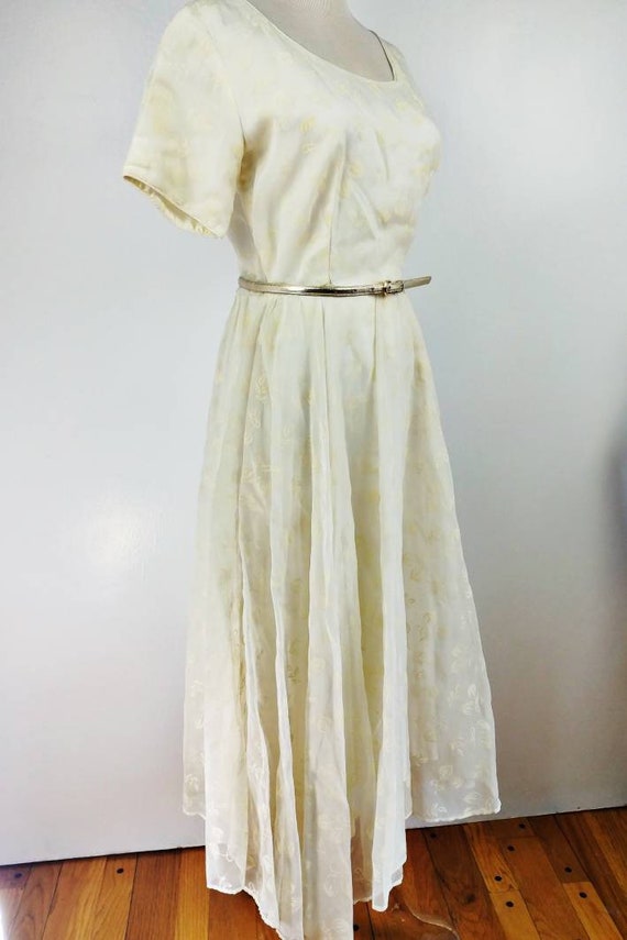 Vintage 50s Ivory Organza Floral Flock Party Dres… - image 4